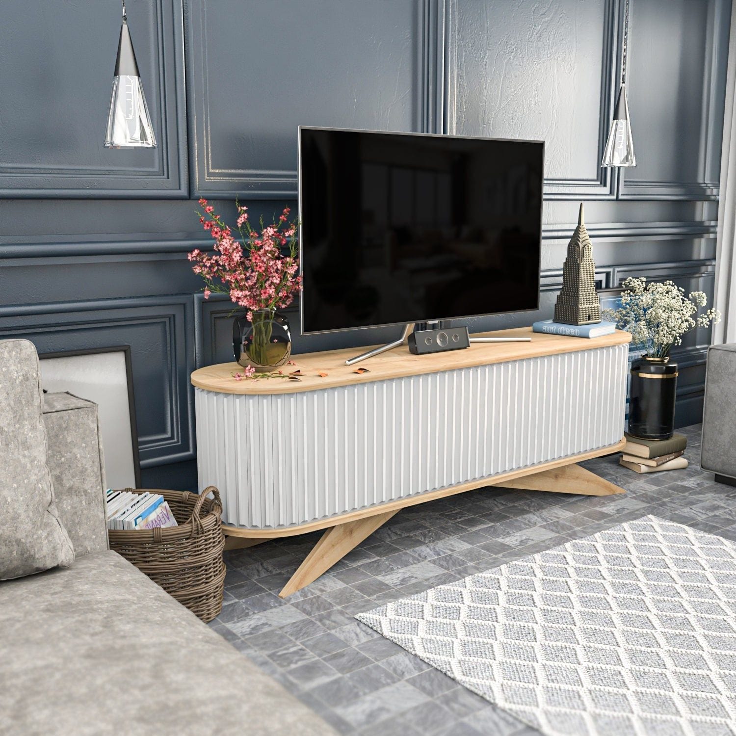 Comoda TV STOR, stejar/alb, PAL melaminat, 180x43x60 cm