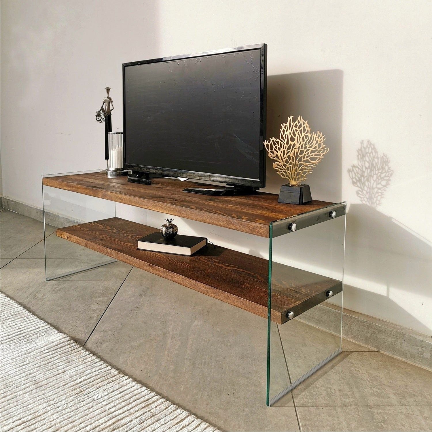 Comoda TV TV103, nuc, sticla/lemn, 120x35x45 cm