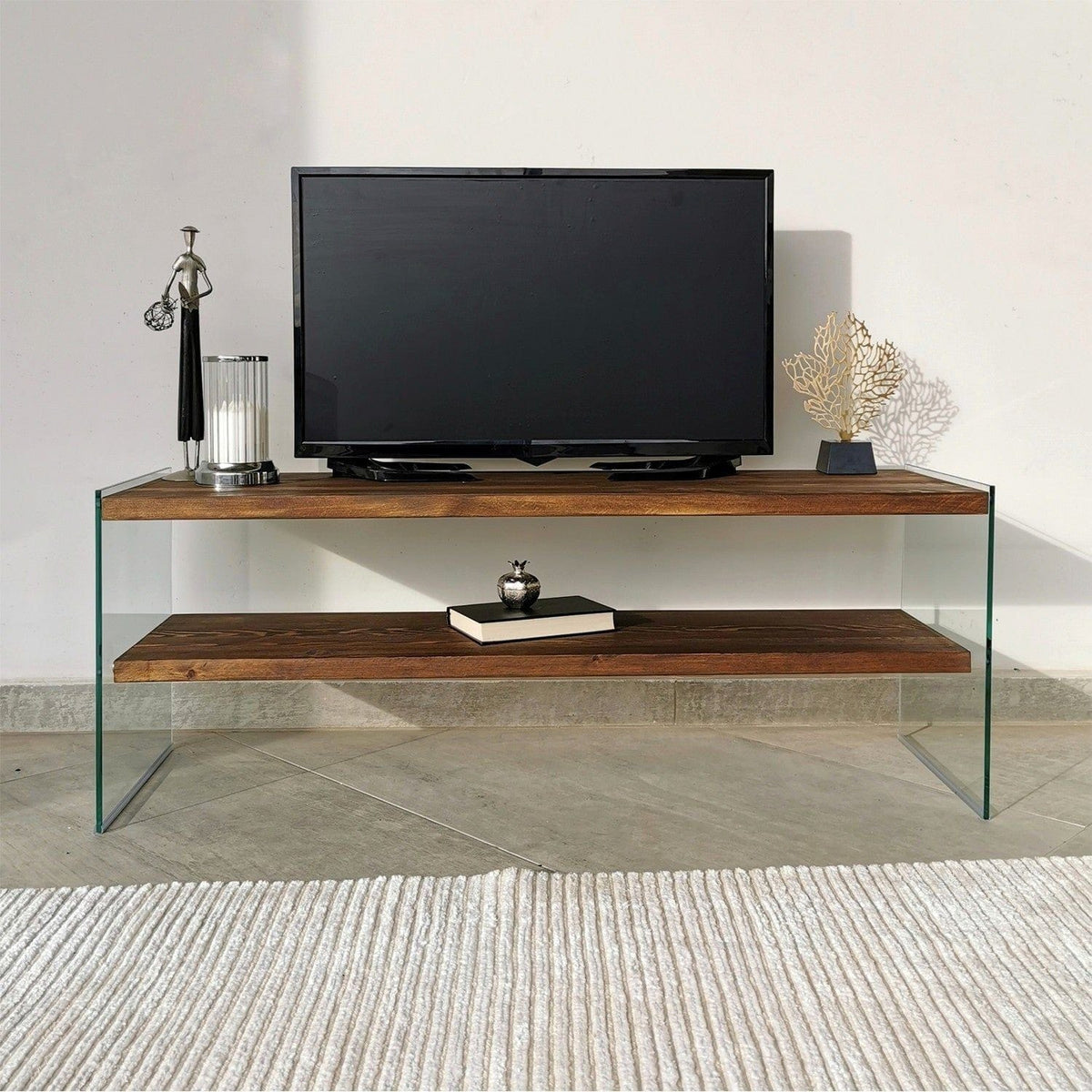 Comoda TV TV103, nuc, sticla/lemn, 120x35x45 cm