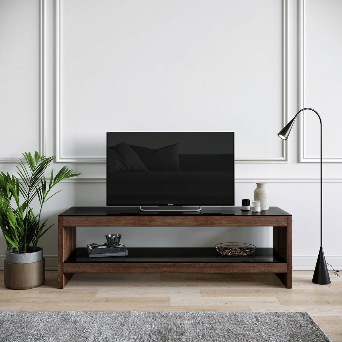 Comoda TV TV301, nuc, lemn/sticla, 140x40x45 cm