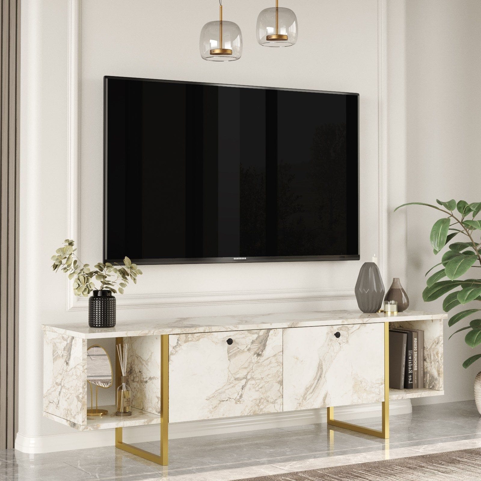 Comoda TV VG30-GE, crem cu efect de marmura/auriu, PAL melaminat/metal, 160x40x48 cm