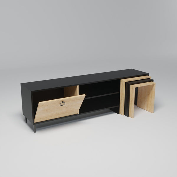 Comoda TV Zigon Sehpali L503, negru/stejar sonoma, PAL melaminat, 180x40x55 cm