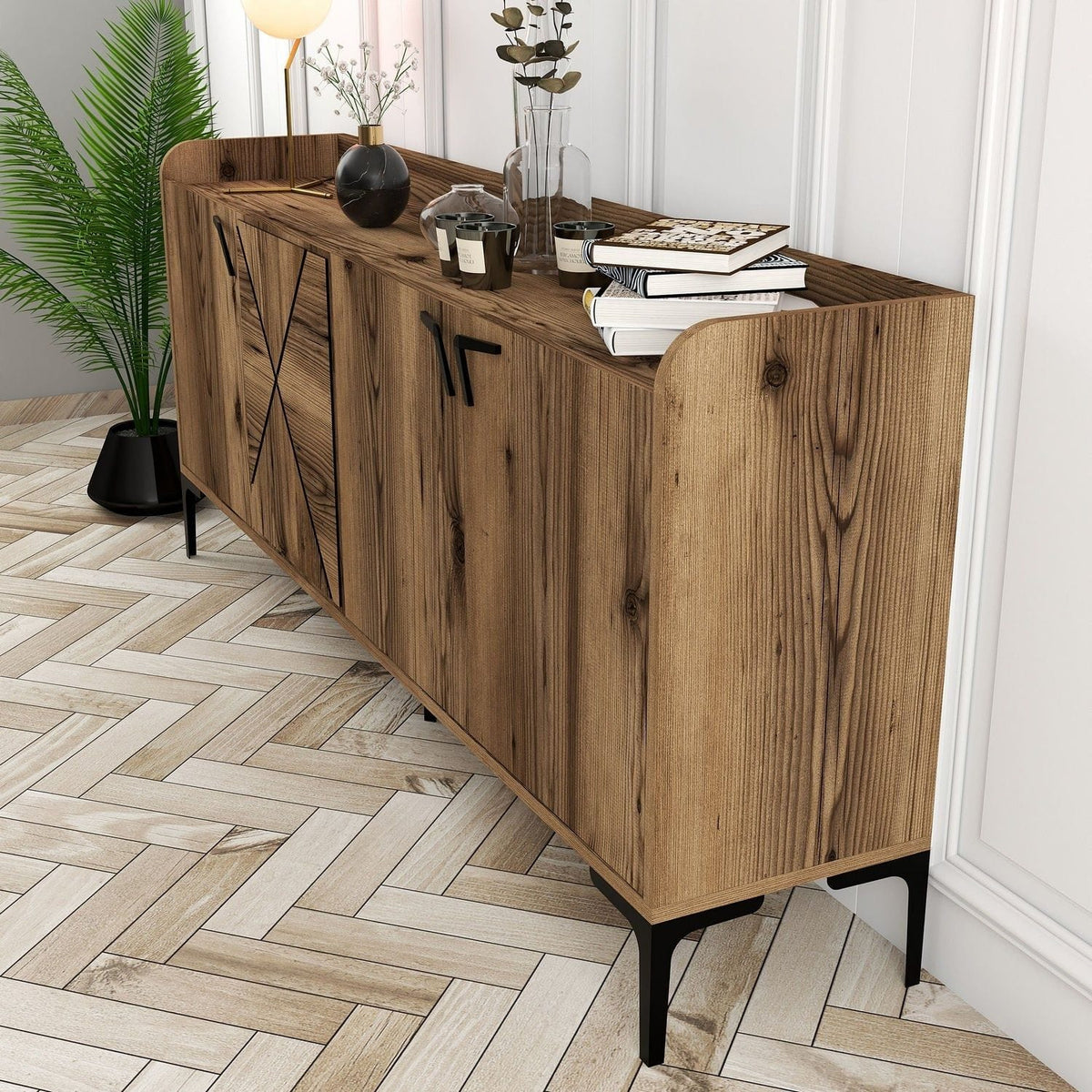 Comoda Venedik, nuc/negru, PAL melaminat/metal, 180x35x78 cm