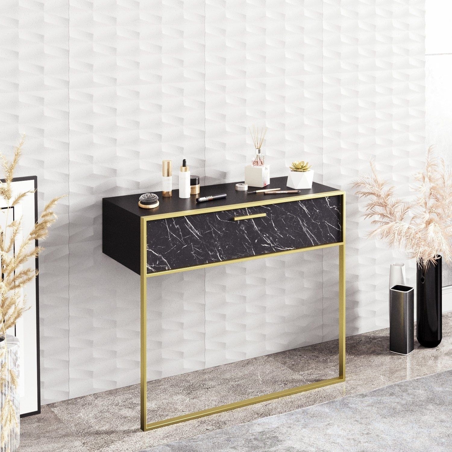 Consola POLKA, negru/auriu, PAL melaminat/metal, 90x39x77 cm