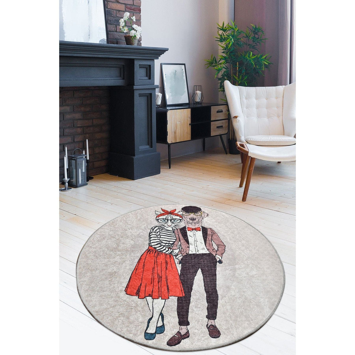 Covor BEST COUPLE, 100x100 cm, forma rotunda, stofa catifelata/poliester, multicolor