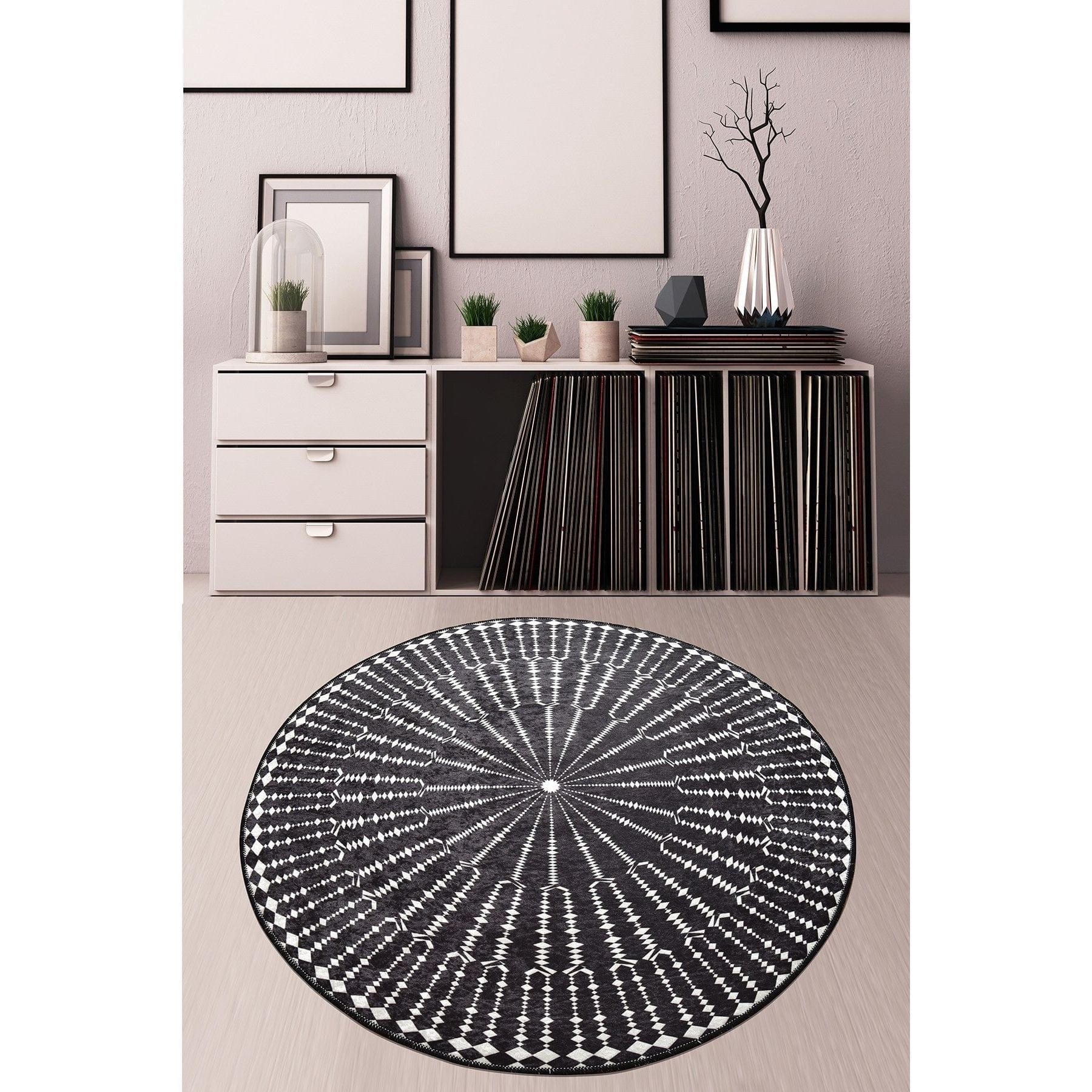 Covor BUIO DJT CAP, 140x140 cm, forma rotunda, tesatura de catifea/poliester, negru/alb