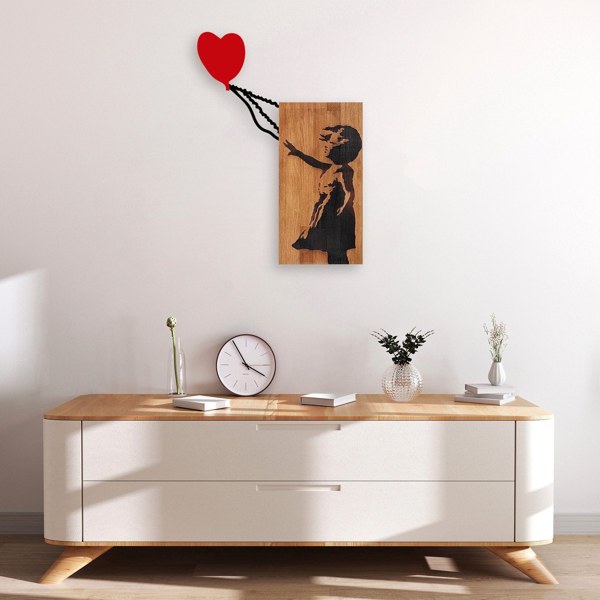Decoratiune perete 891TNL3148, stejar/negru/rosu, lemn/metal, 83x60 cm