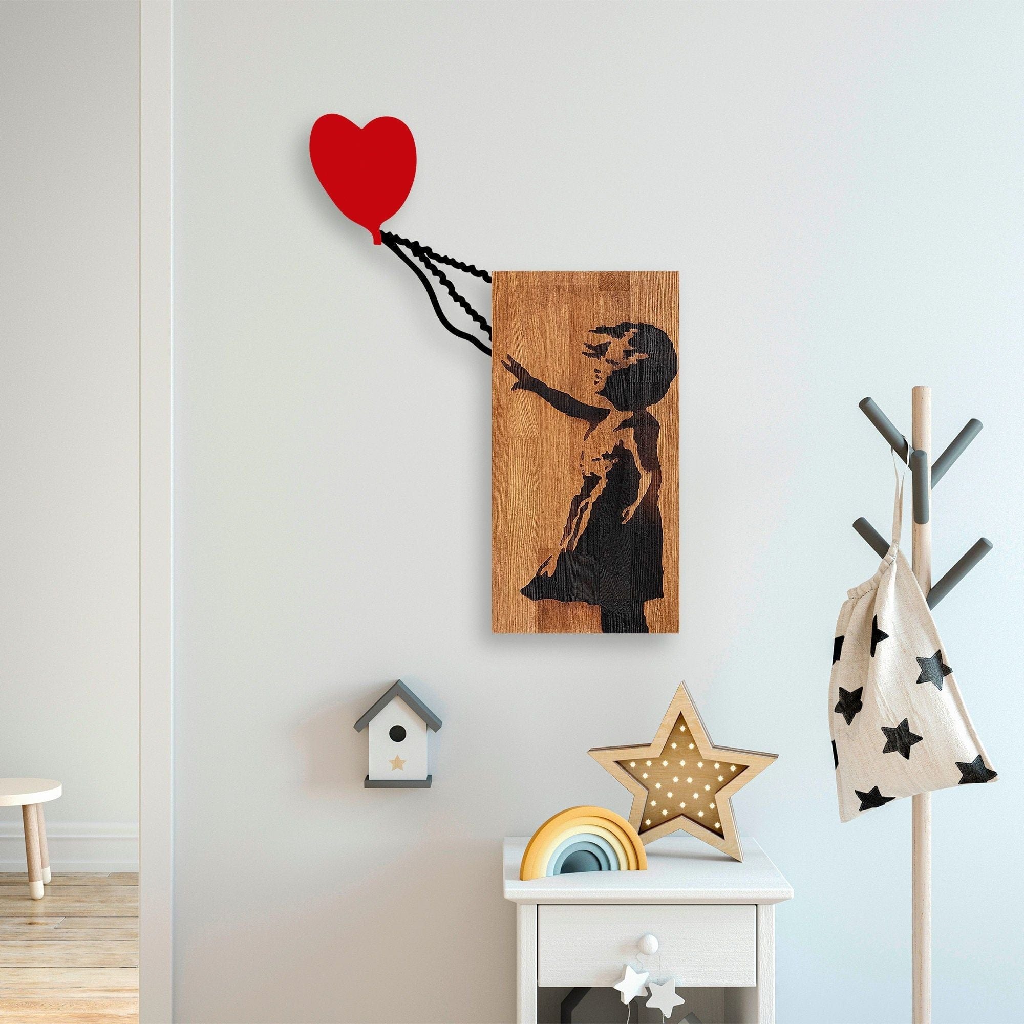 Decoratiune perete 891TNL3148, stejar/negru/rosu, lemn/metal, 83x60 cm