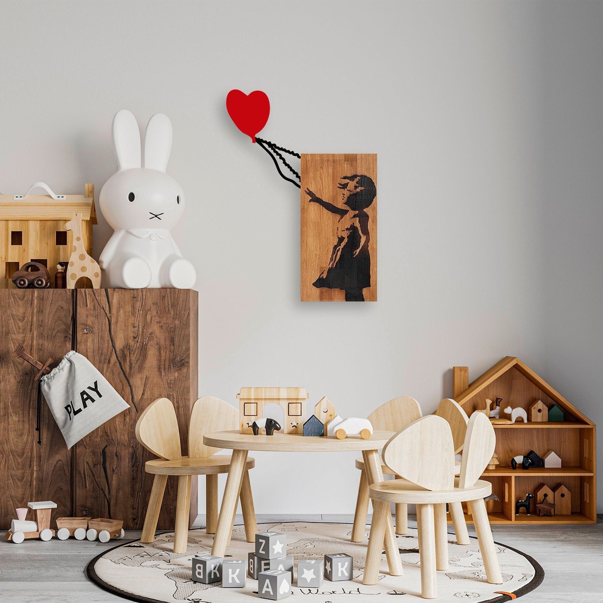 Decoratiune perete 891TNL3148, stejar/negru/rosu, lemn/metal, 83x60 cm