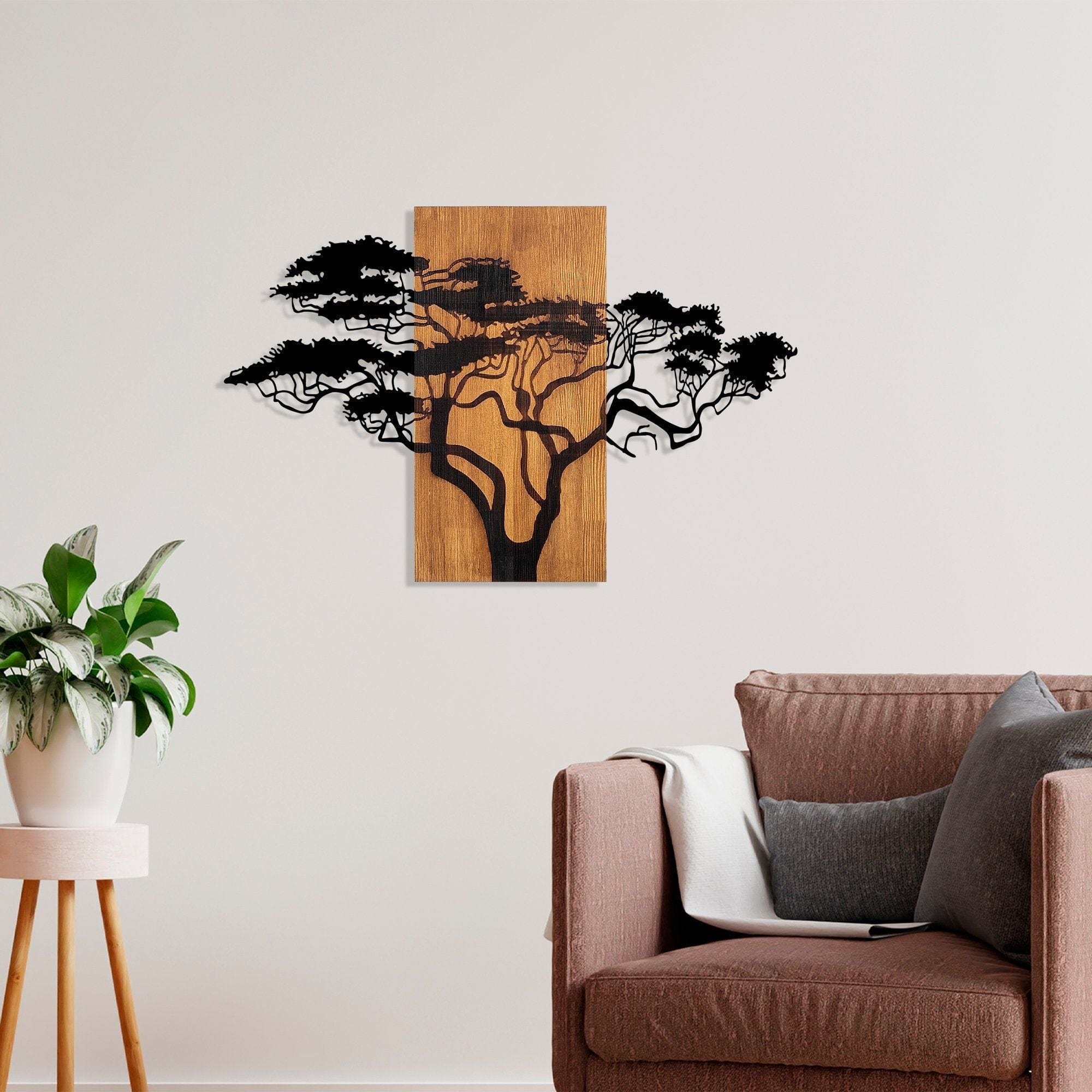 Decoratiune perete 891TNL3152, stejar/negru, lemn/metal, 90x58 cm