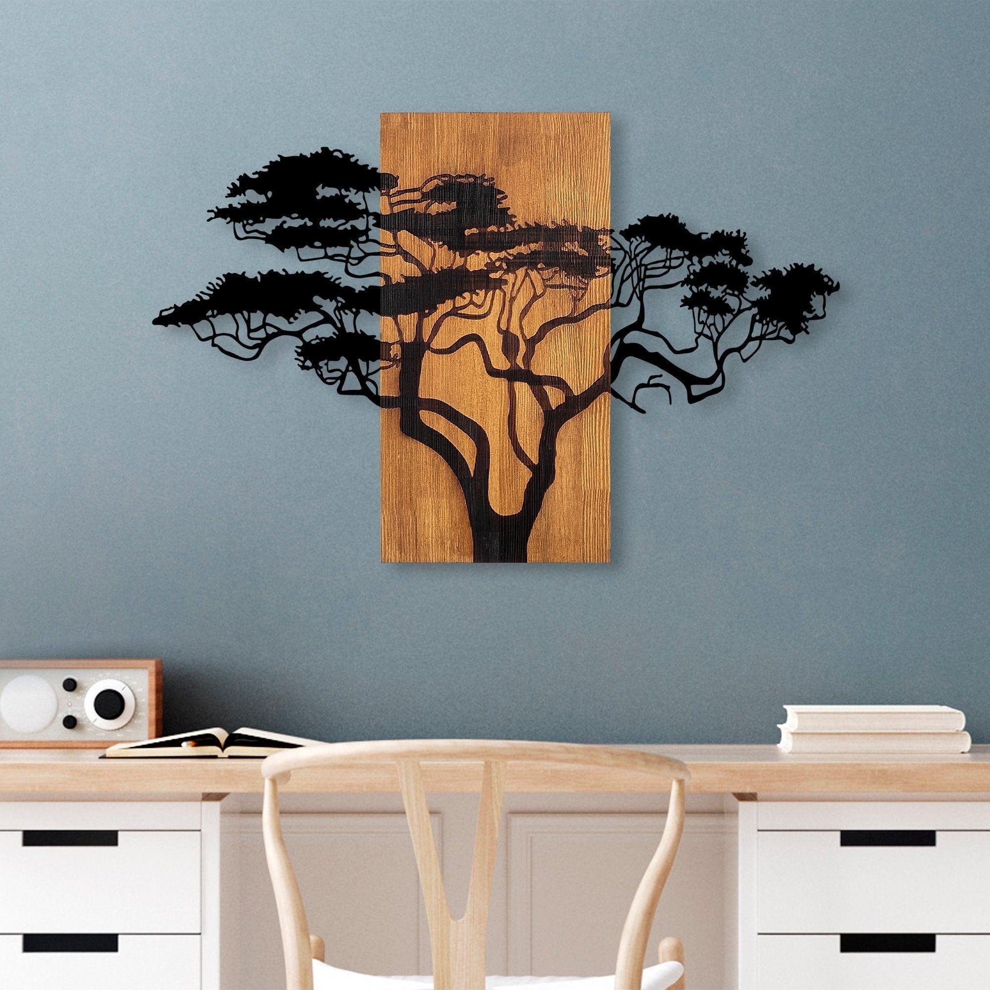 Decoratiune perete 891TNL3152, stejar/negru, lemn/metal, 90x58 cm