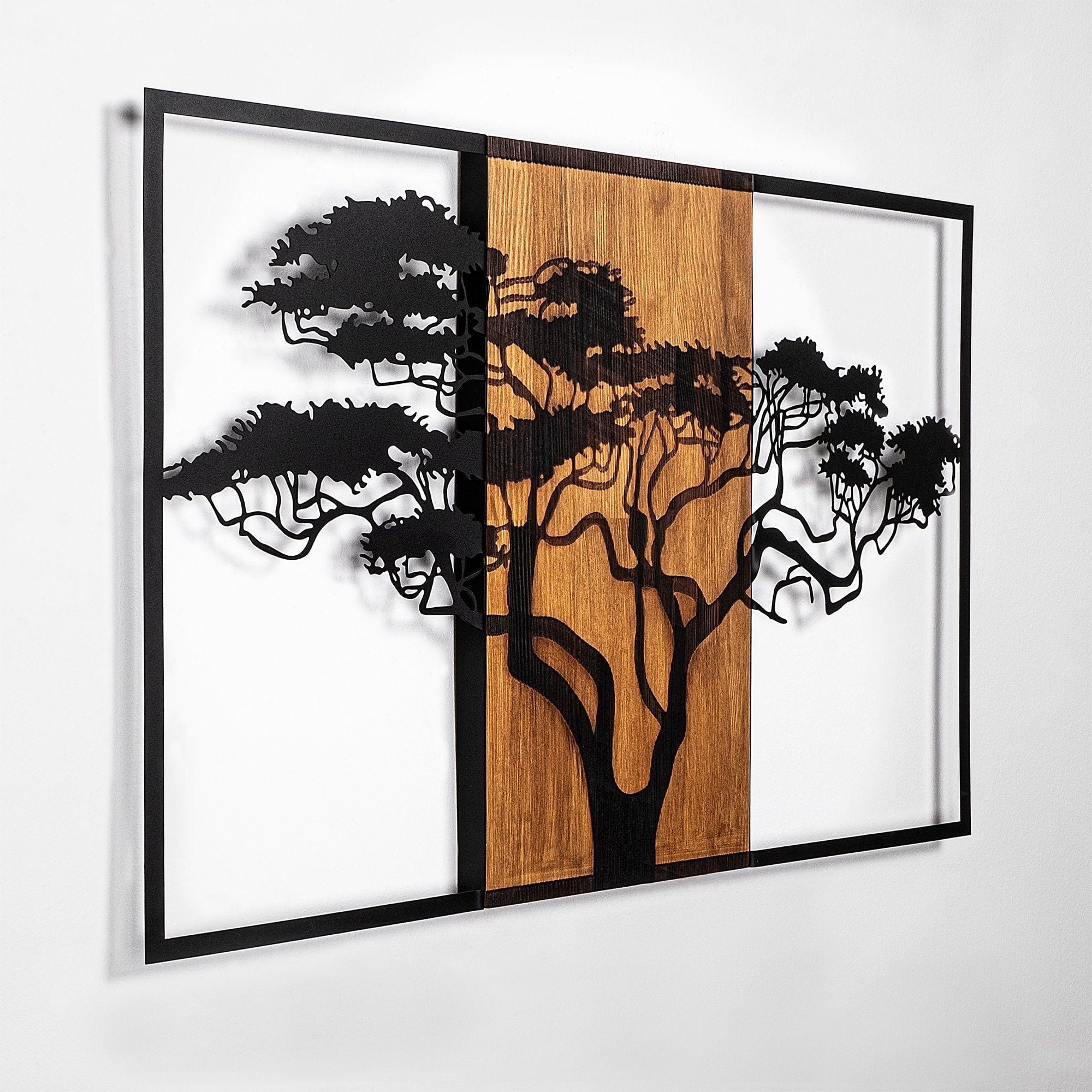 Decoratiune perete 891TNL3153, stejar/negru, lemn/metal, 90x58 cm