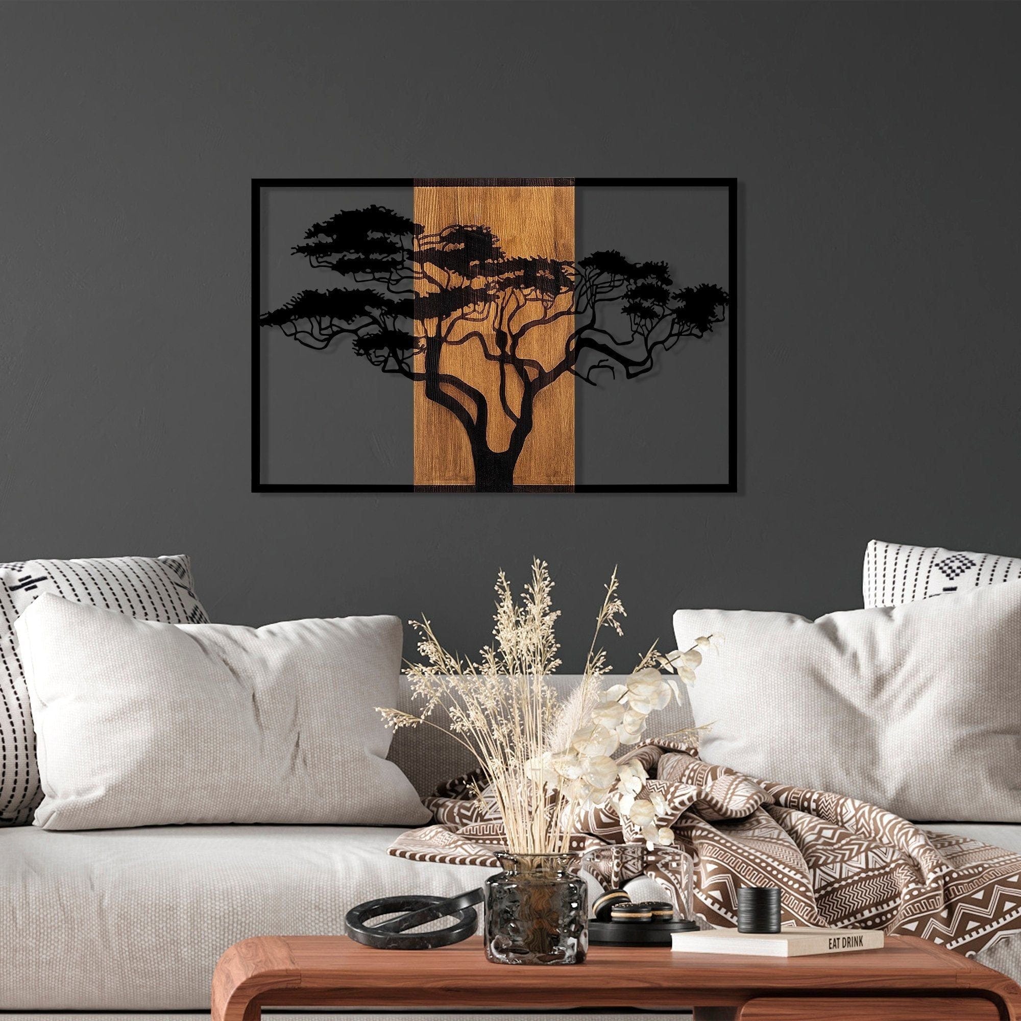 Decoratiune perete 891TNL3153, stejar/negru, lemn/metal, 90x58 cm