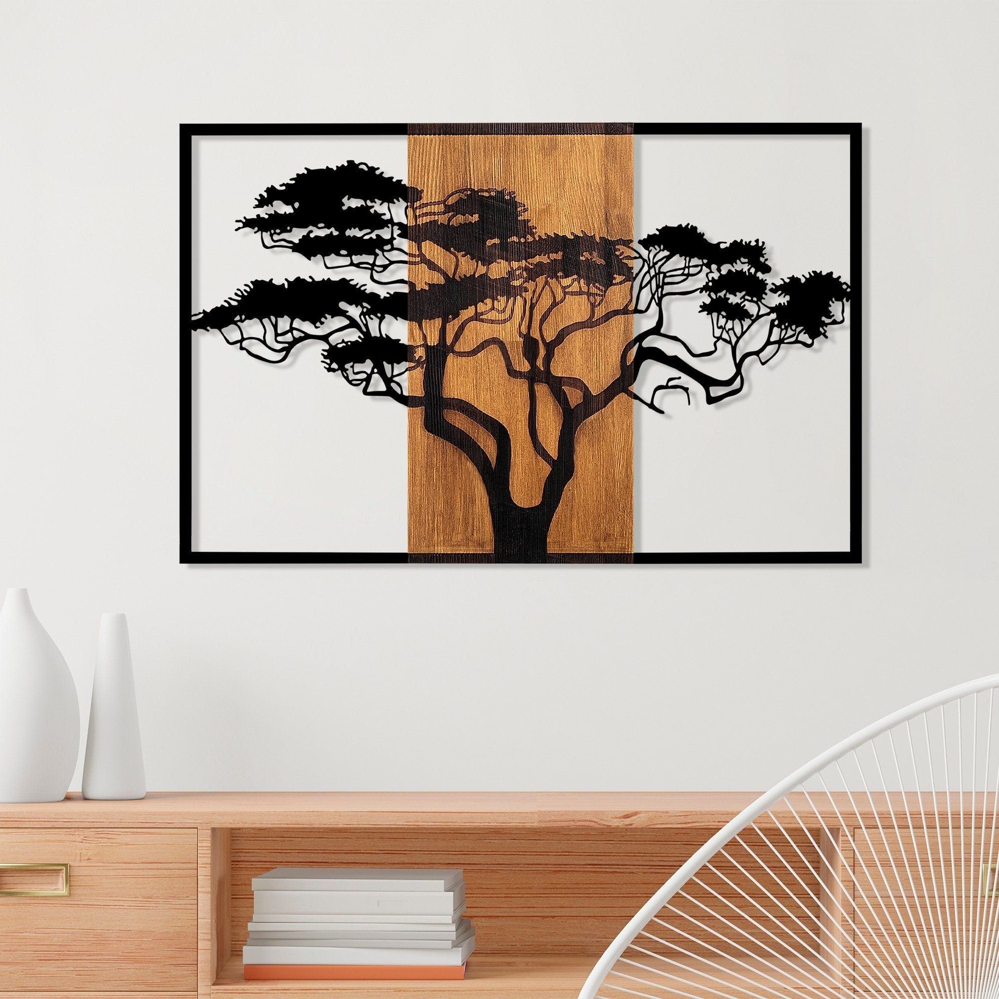 Decoratiune perete 891TNL3153, stejar/negru, lemn/metal, 90x58 cm