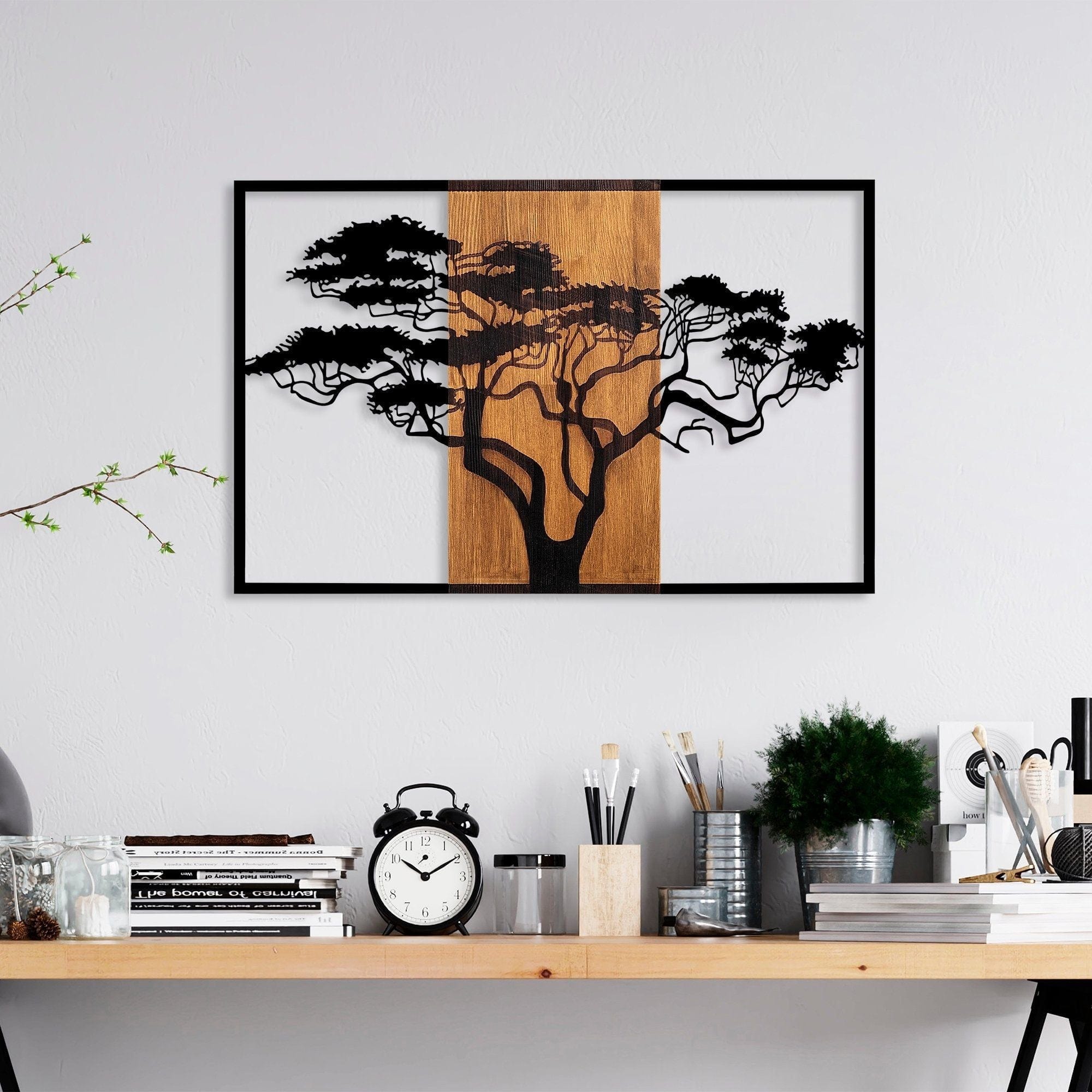 Decoratiune perete 891TNL3153, stejar/negru, lemn/metal, 90x58 cm