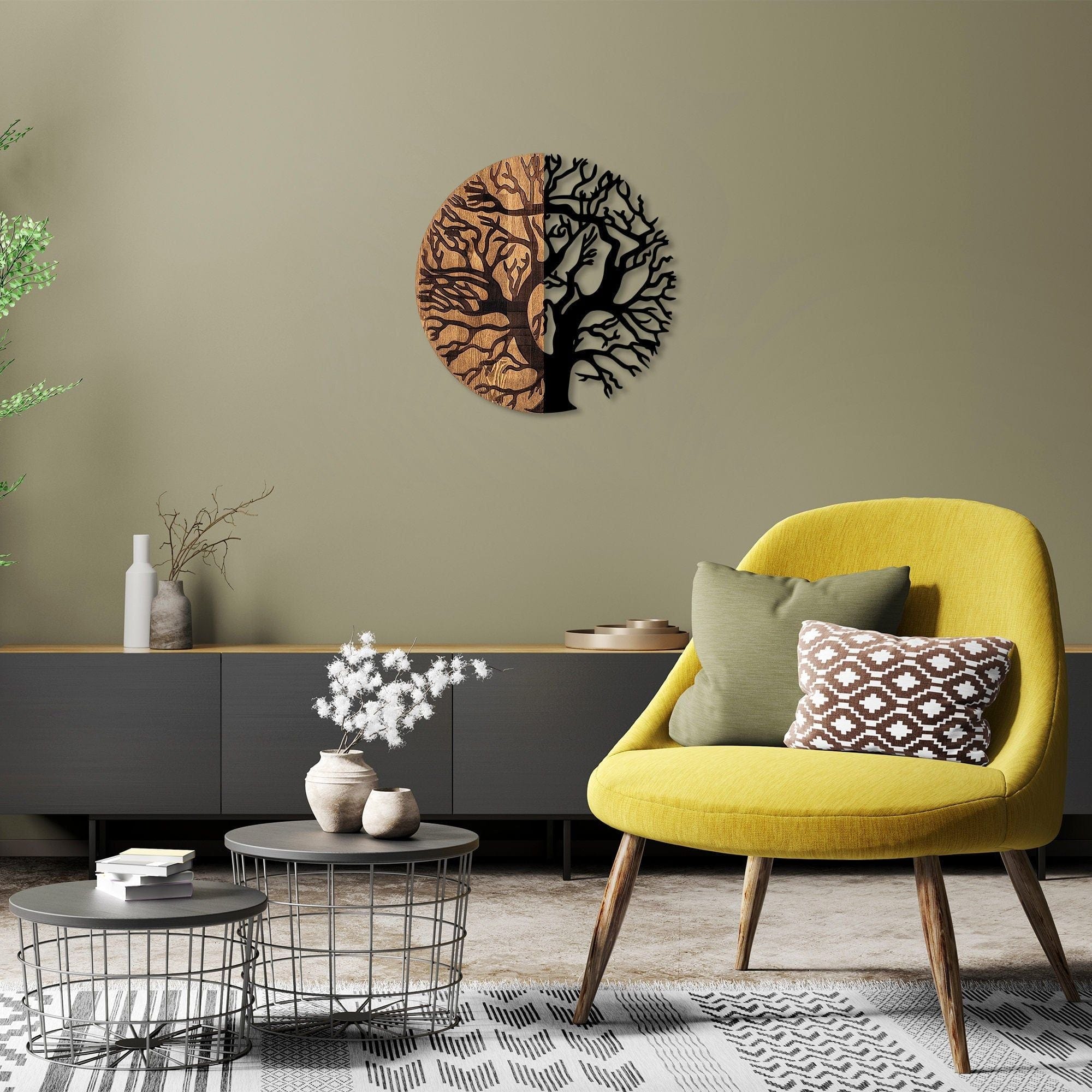 Decoratiune perete 899SKL2307, stejar/negru, lemn/metal, 56 cm