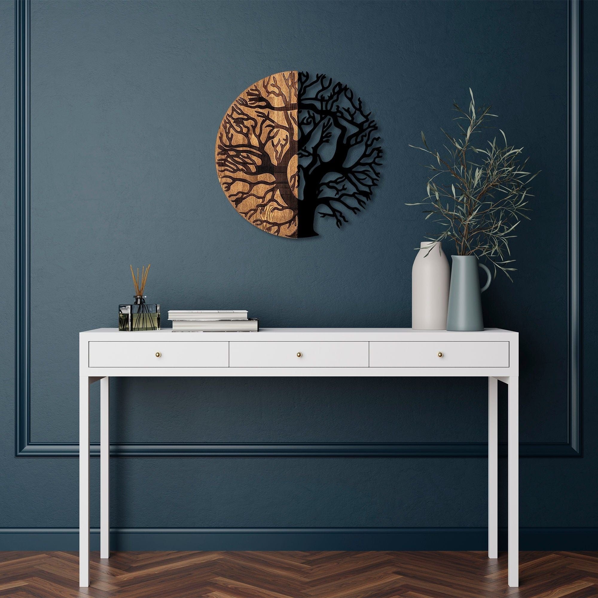 Decoratiune perete 899SKL2307, stejar/negru, lemn/metal, 56 cm