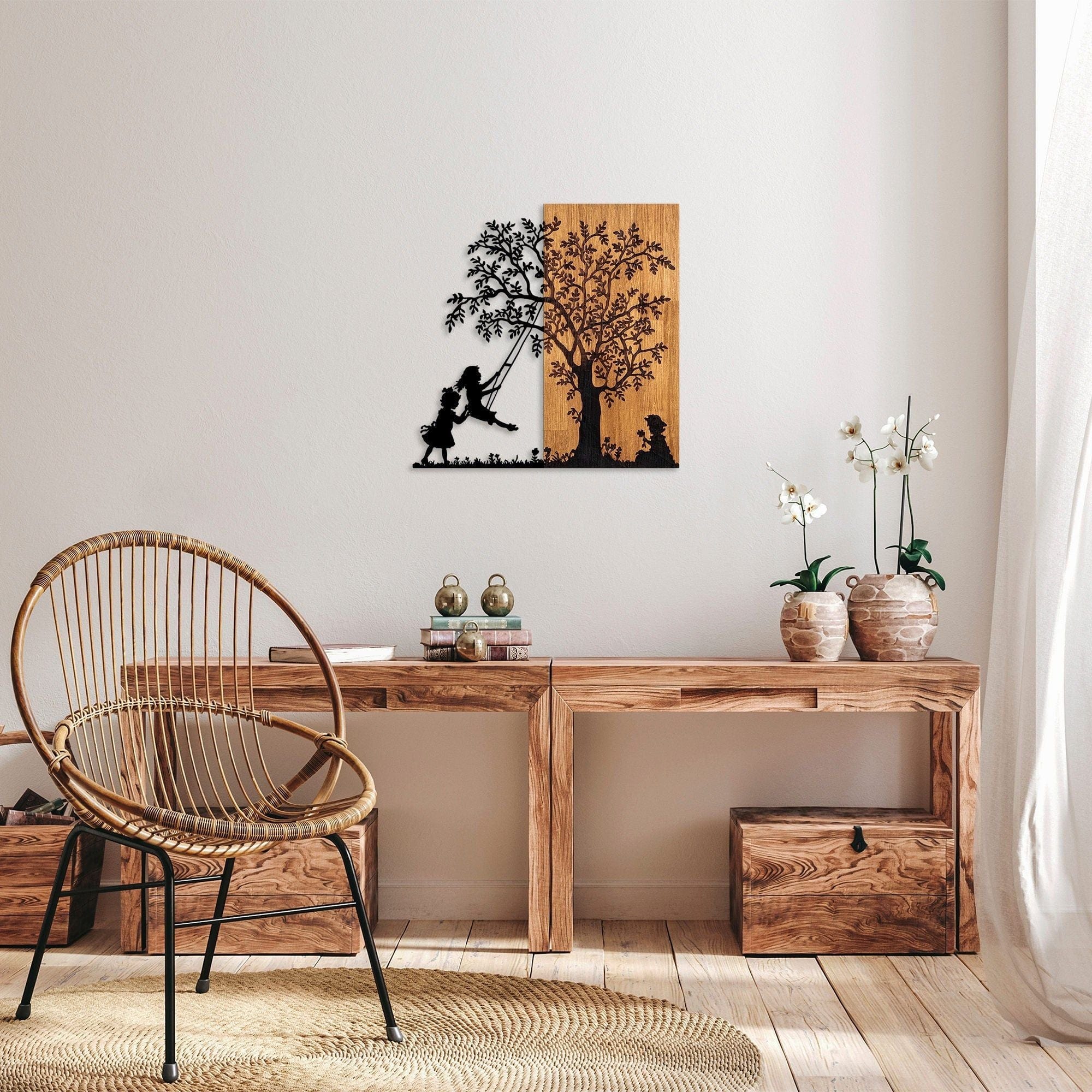Decoratiune perete 899SKL2406, stejar/nergu, lemn/metal, 58x58 cm
