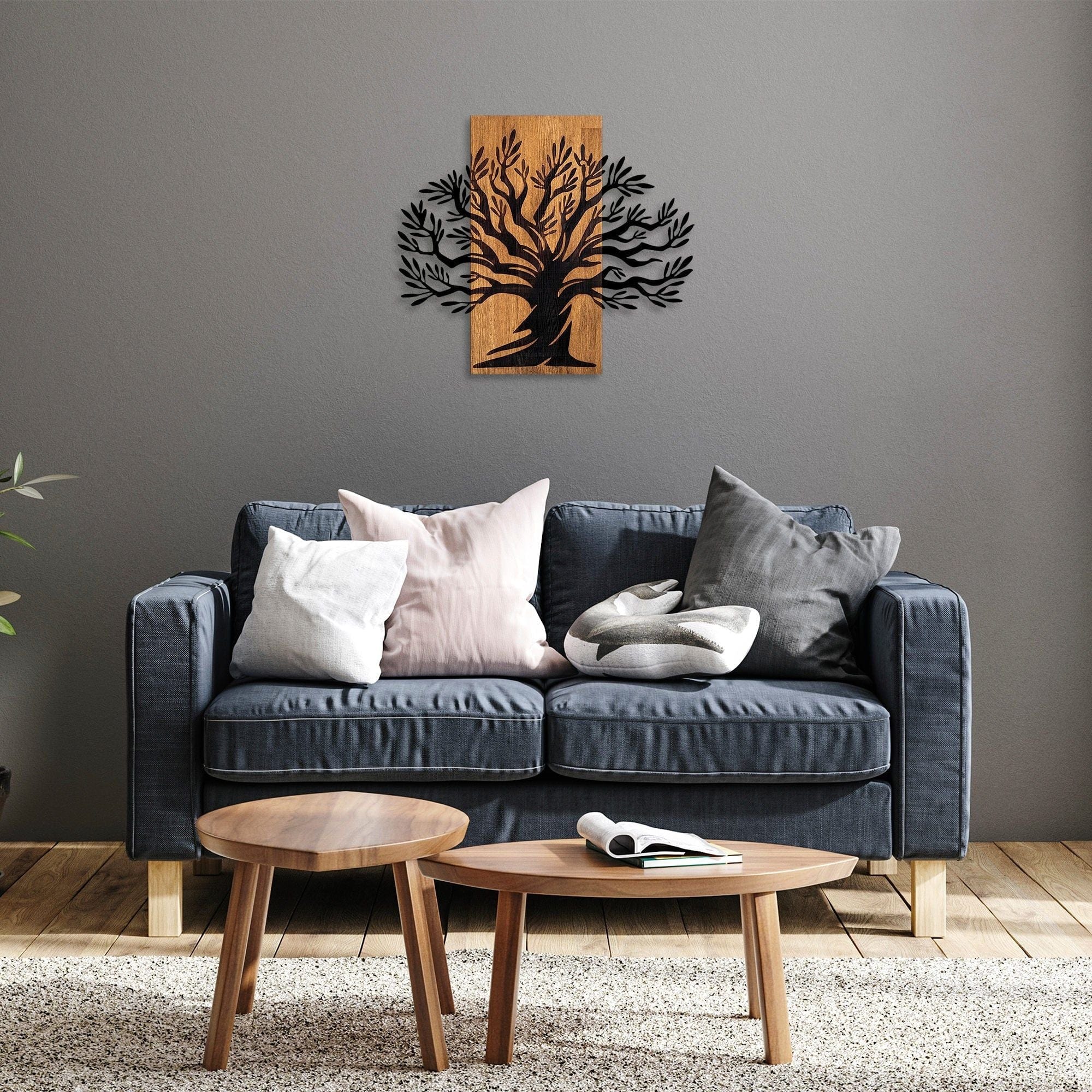 Decoratiune perete 899SKL2409, stejar/negru, lemn/metal, 67x58 cm