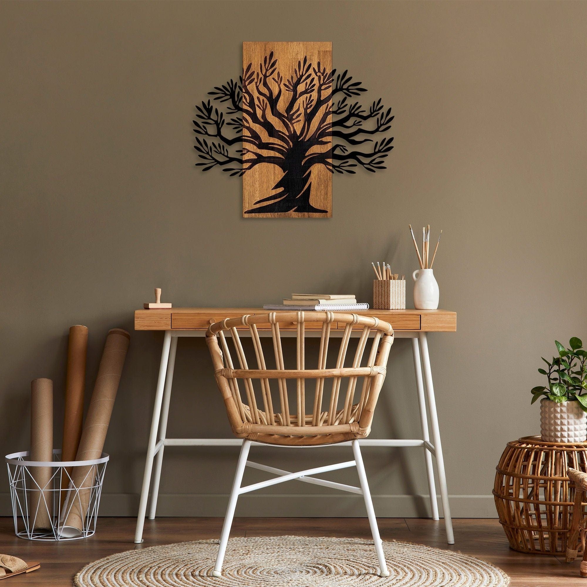 Decoratiune perete 899SKL2409, stejar/negru, lemn/metal, 67x58 cm