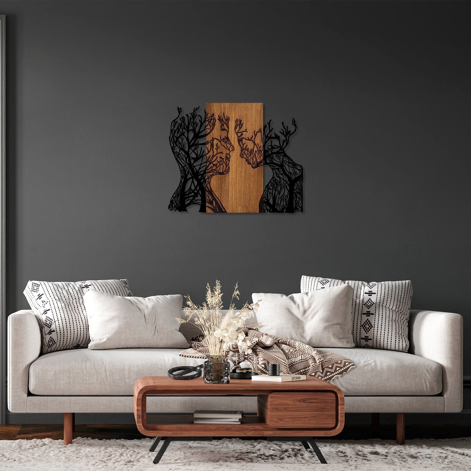 Decoratiune perete 899SKL2413, stejar/negru, lemn/metal, 71x58 cm