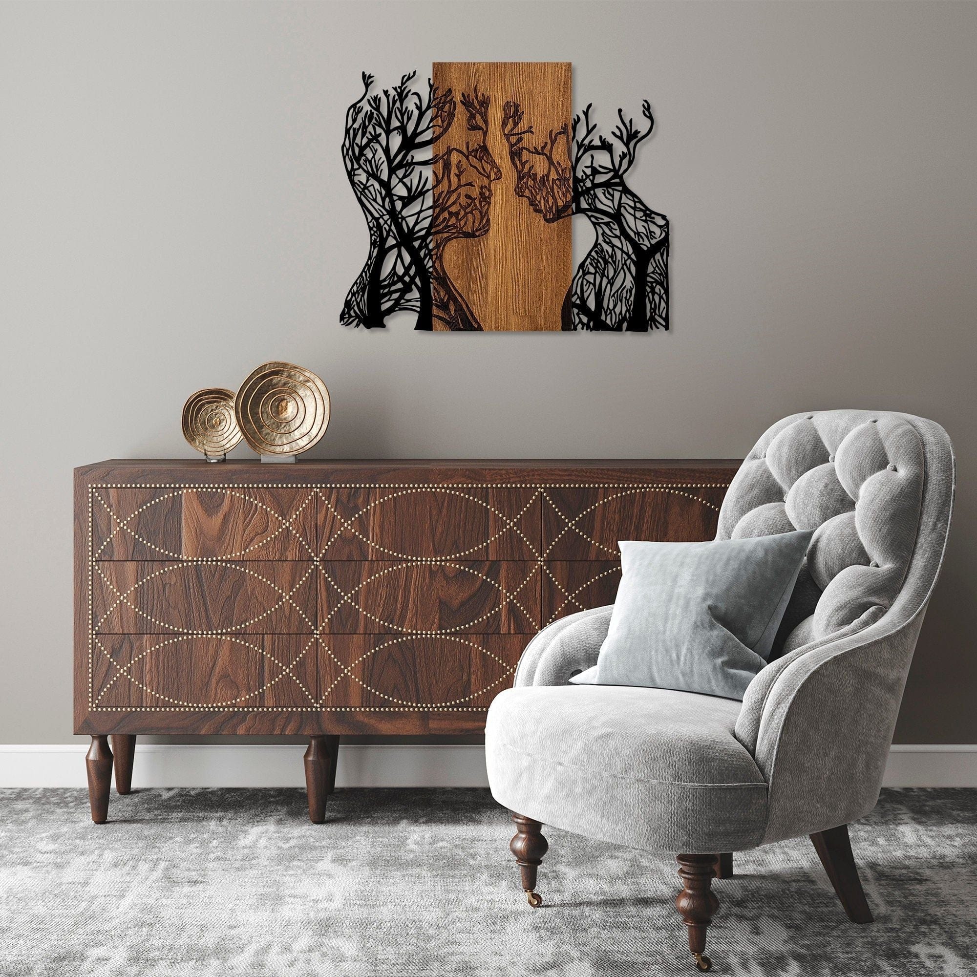 Decoratiune perete 899SKL2413, stejar/negru, lemn/metal, 71x58 cm