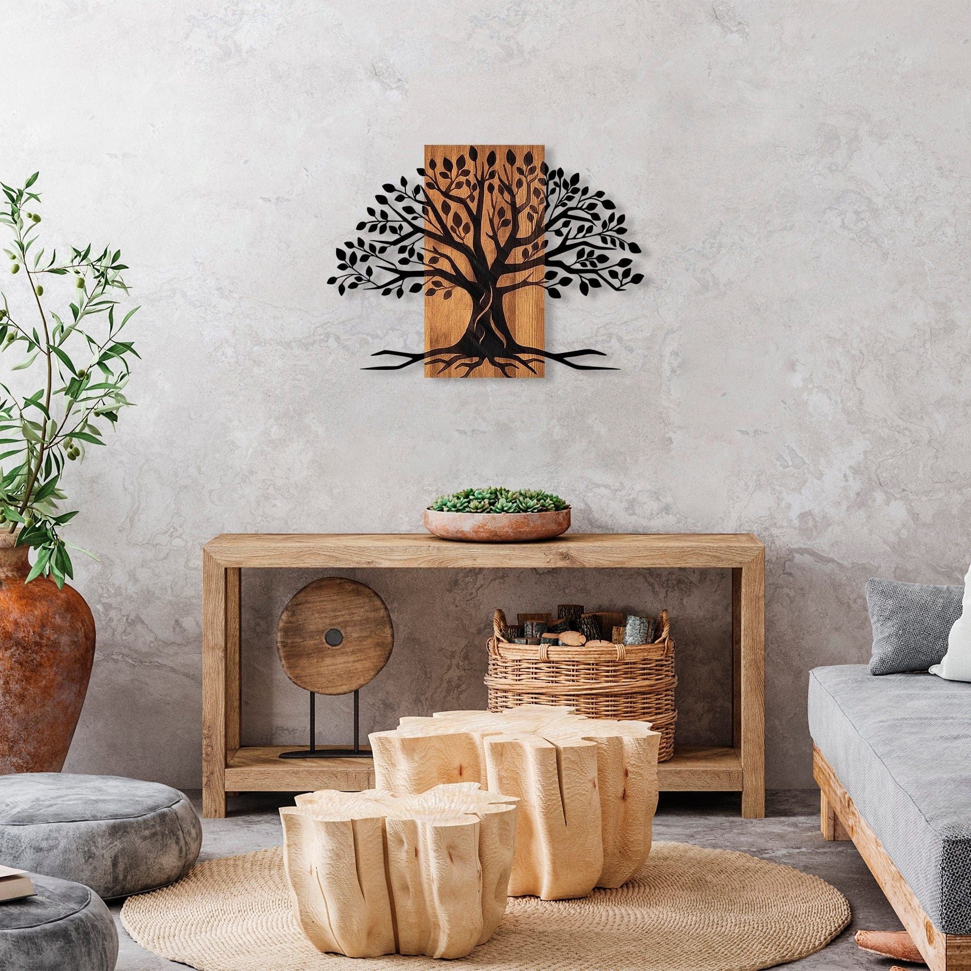 Decoratiune perete 899SKL2463, stejar/negru, lemn/metal, 79x58 cm