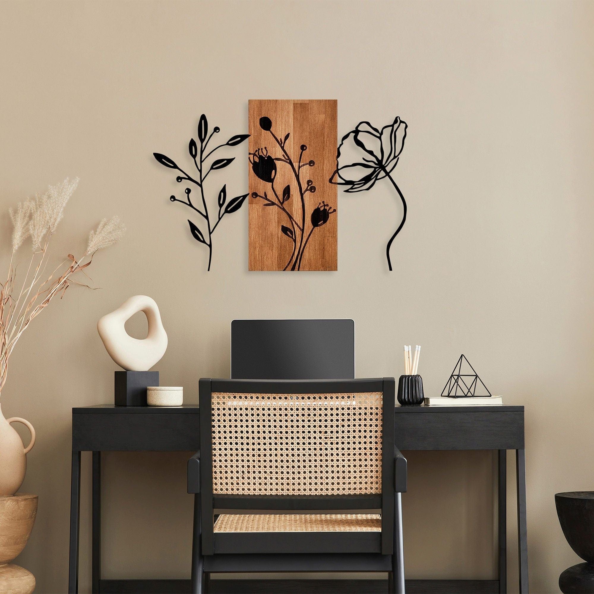 Decoratiune perete 899SKL2464, stejar/negru, lemn/metal, 86x58 cm