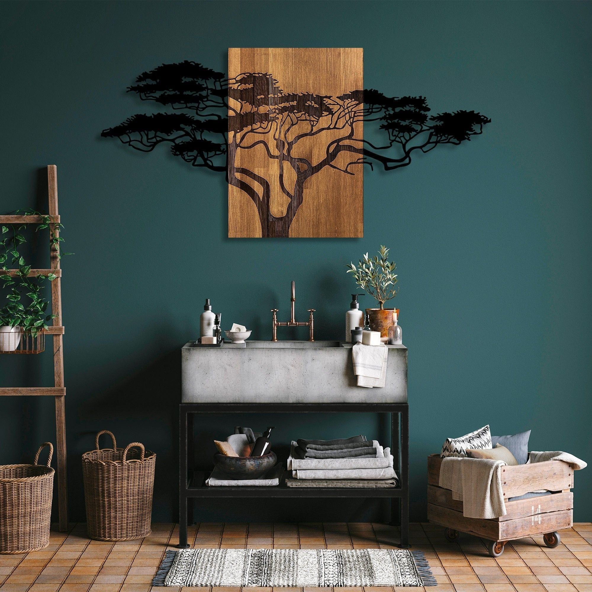 Decoratiune perete ACACIA TREE-329, negru/stejar, metal/lemn, 144x3x70 cm