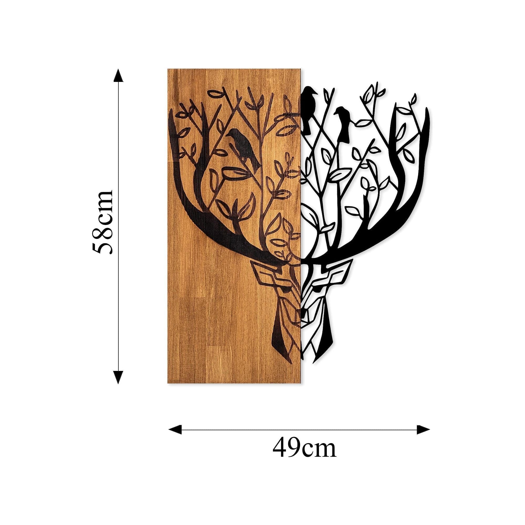 Decoratiune perete DEER 1, stejar/negru, lemn/metal, 49x58 cm