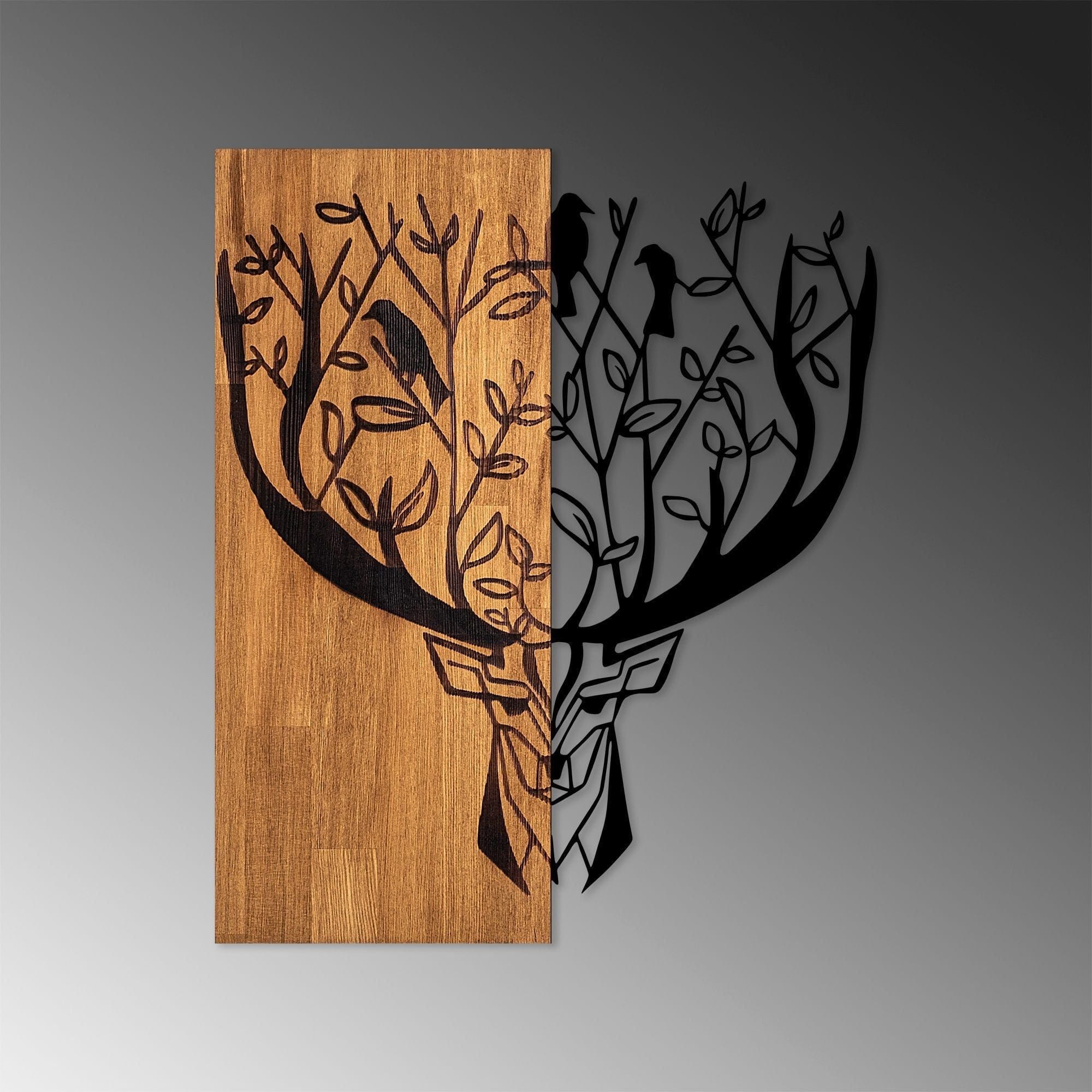 Decoratiune perete DEER 1, stejar/negru, lemn/metal, 49x58 cm
