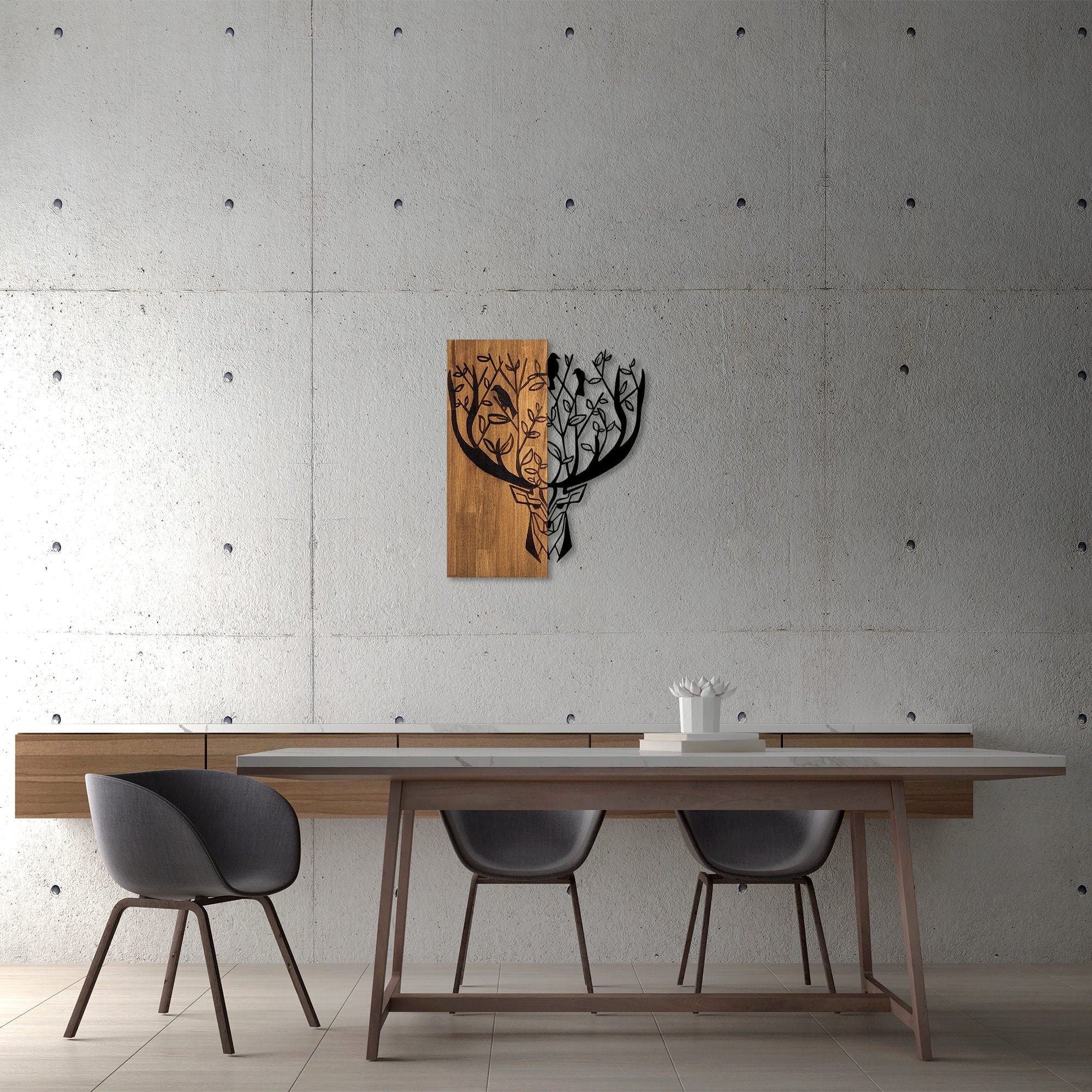 Decoratiune perete DEER 1, stejar/negru, lemn/metal, 49x58 cm