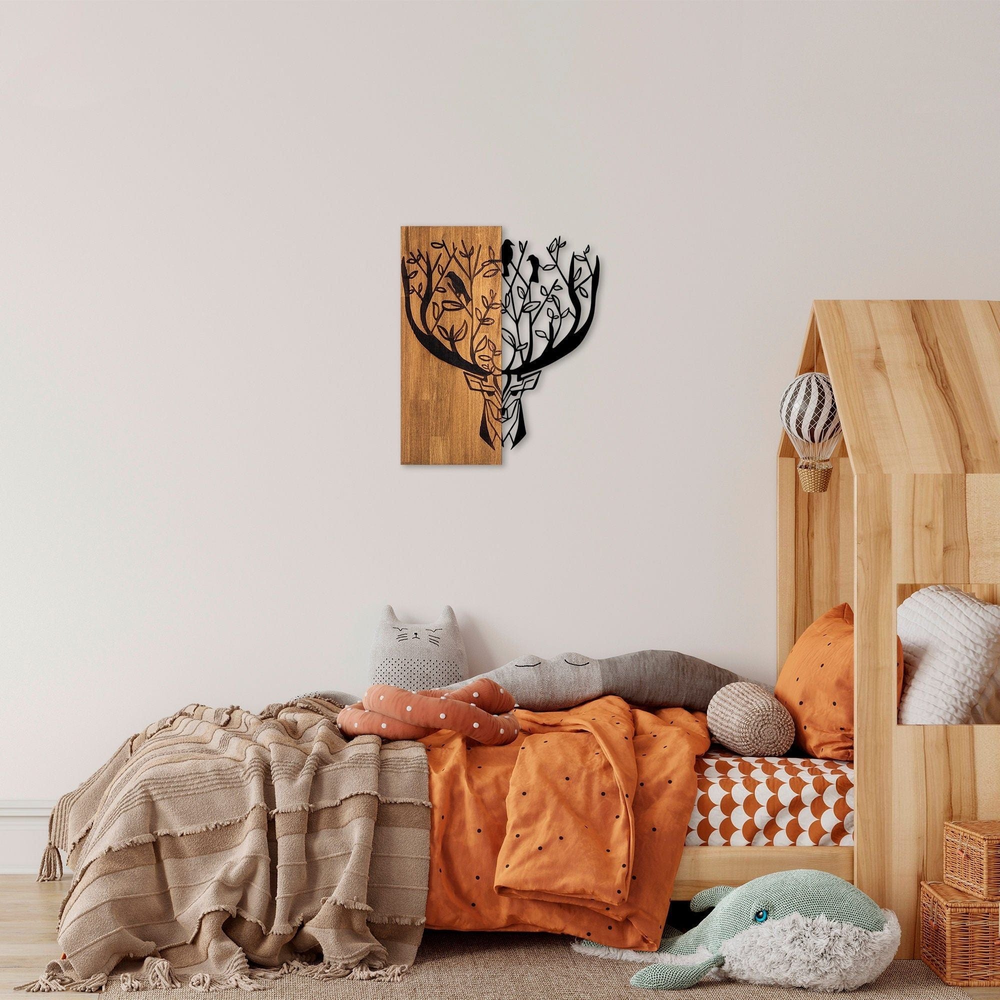 Decoratiune perete DEER 1, stejar/negru, lemn/metal, 49x58 cm