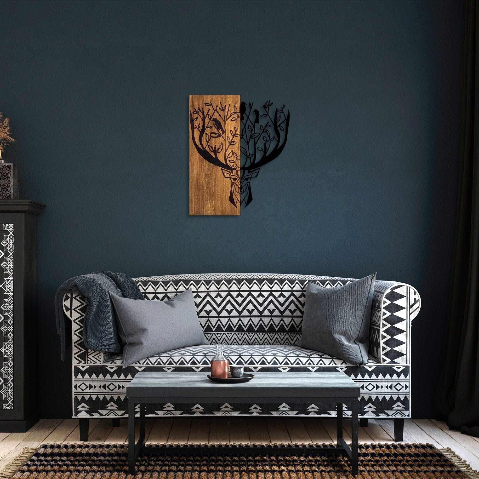 Decoratiune perete DEER 1, stejar/negru, lemn/metal, 49x58 cm