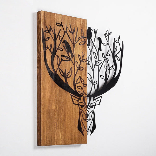 Decoratiune perete DEER 1, stejar/negru, lemn/metal, 49x58 cm