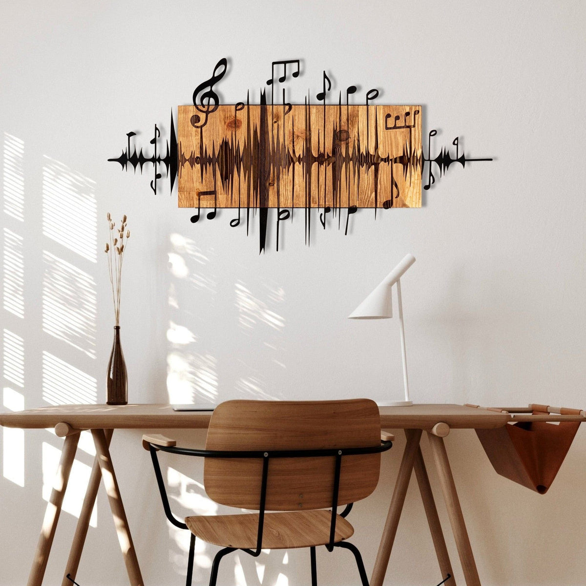 Decoratiune perete EFSA, negru/stejar, metal/lemn, 90x47 cm