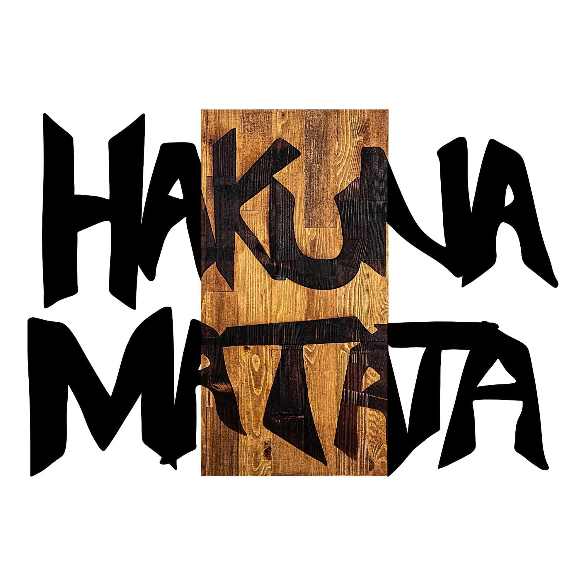 Decoratiune perete HAKUNA MATATA 5, negru/nuc, metal/lemn, 77x3x58 cm