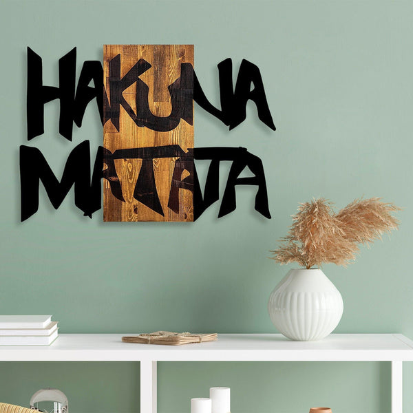 Decoratiune perete HAKUNA MATATA 5, negru/nuc, metal/lemn, 77x3x58 cm