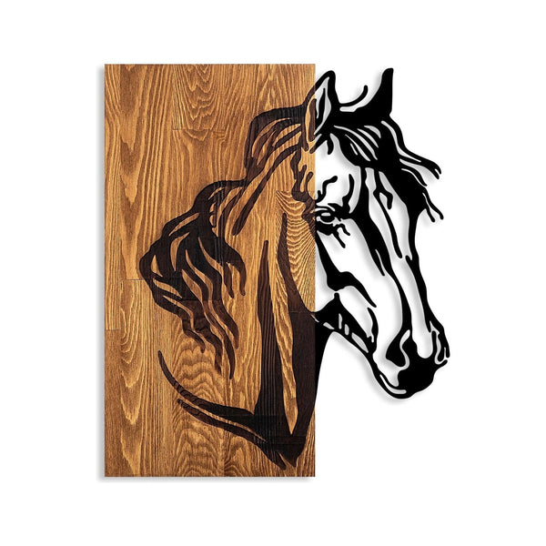 Decoratiune perete HORSE 1, stejar/negru, lemn/metal, 48x57 cm