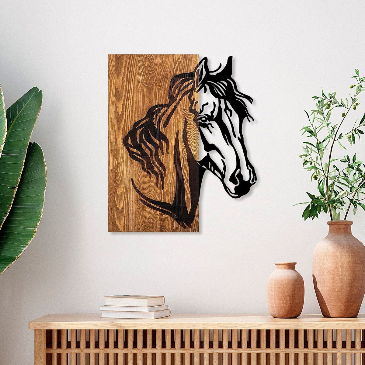 Decoratiune perete HORSE 1, stejar/negru, lemn/metal, 48x57 cm