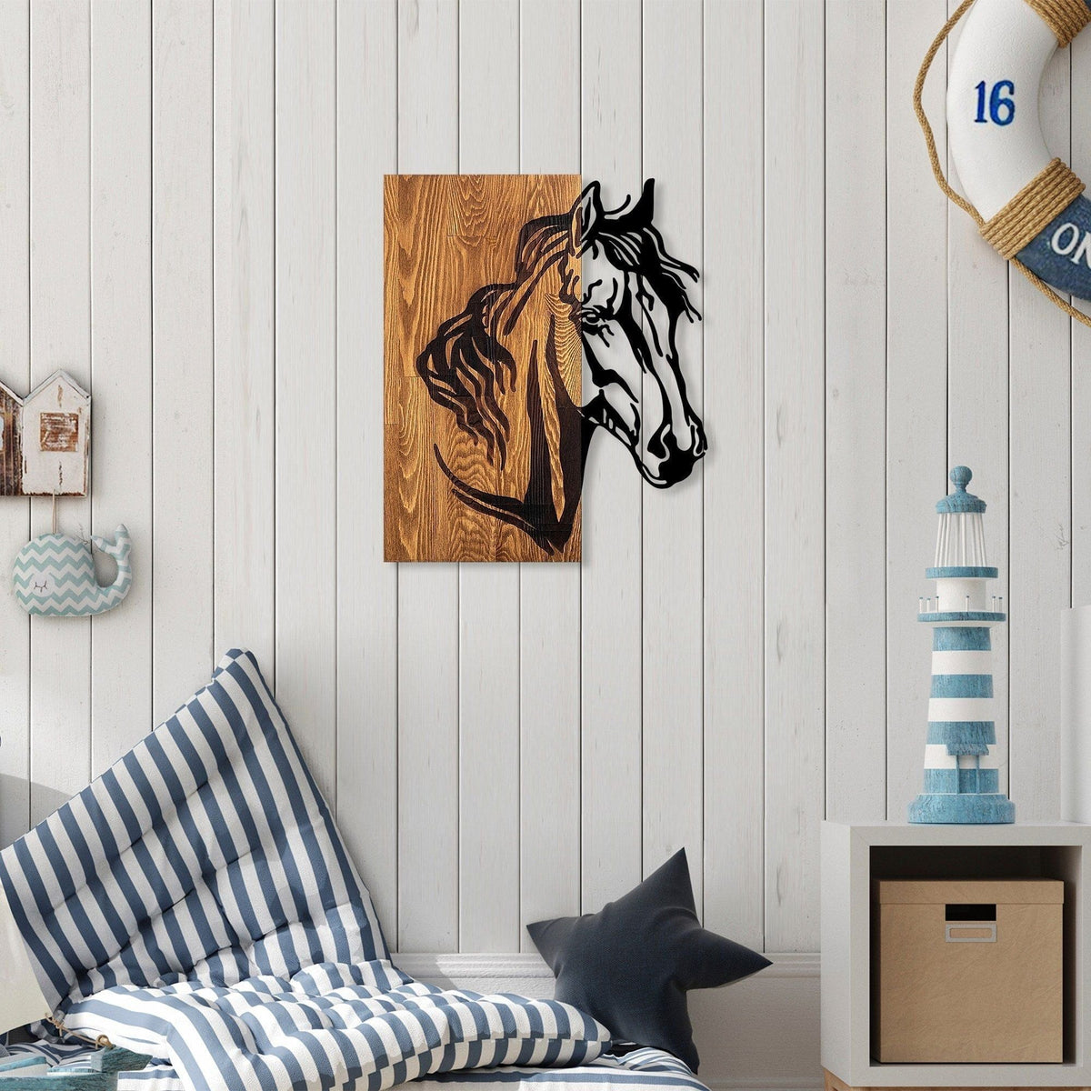 Decoratiune perete HORSE 1, stejar/negru, lemn/metal, 48x57 cm