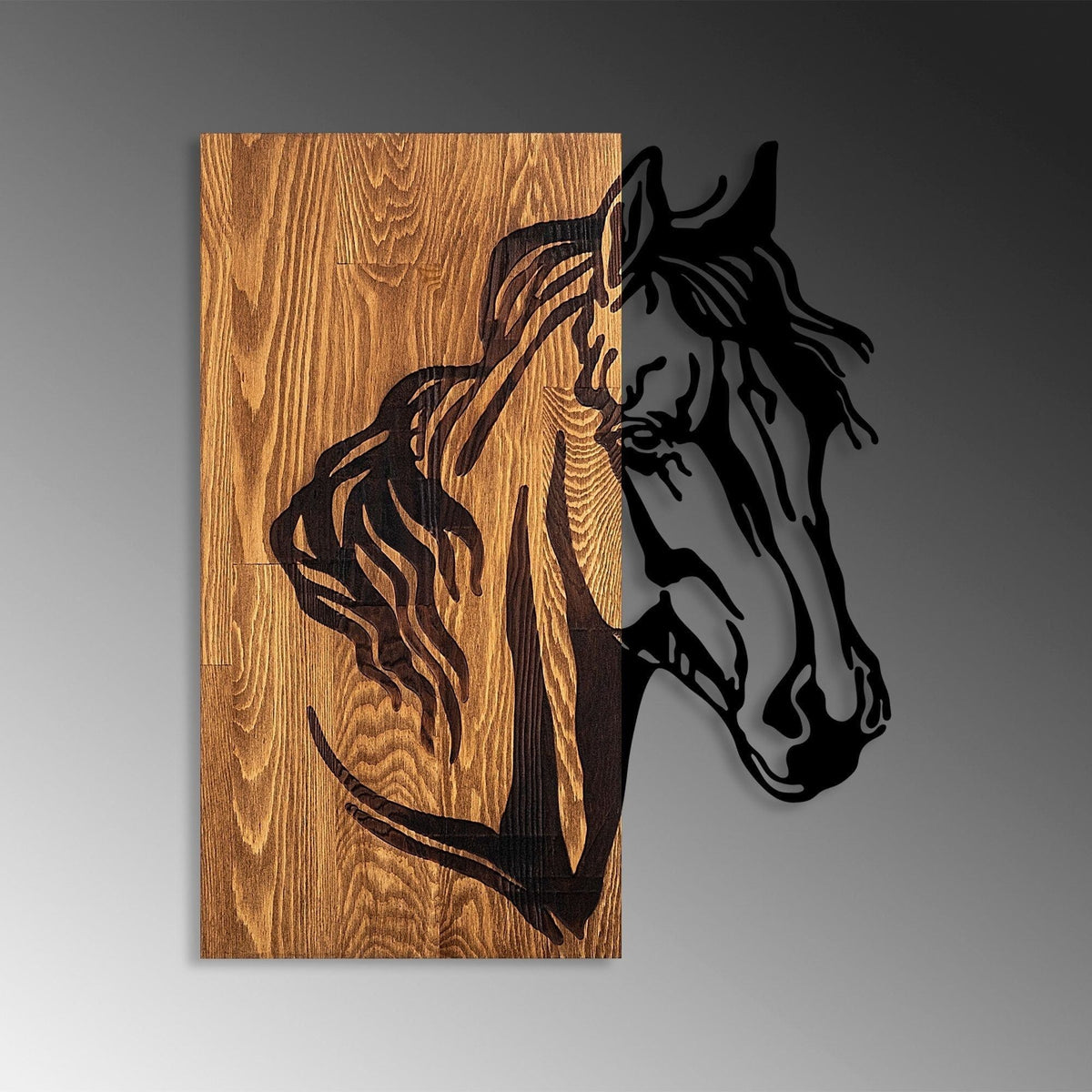 Decoratiune perete HORSE 1, stejar/negru, lemn/metal, 48x57 cm