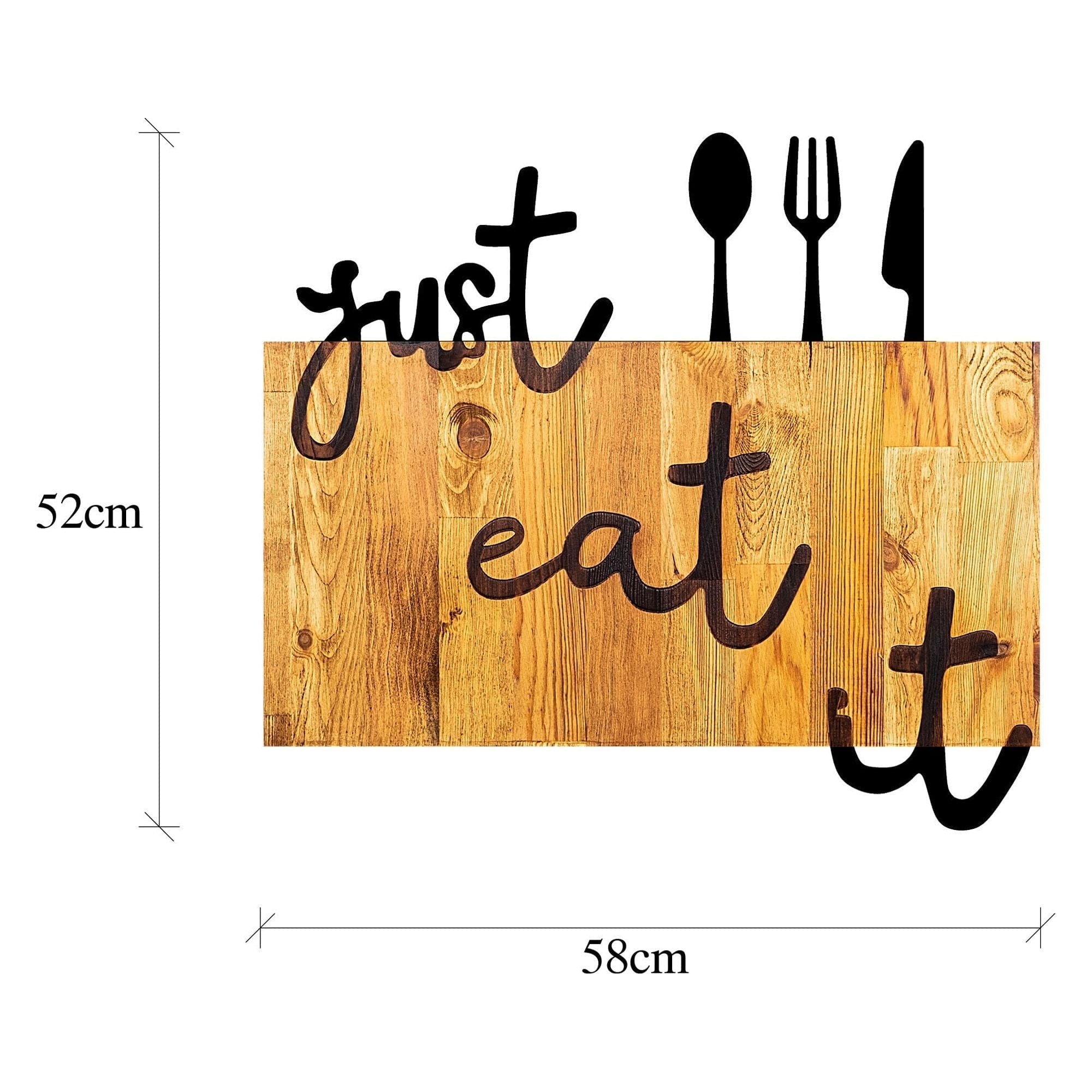 Decoratiune perete JUST EAT IT, lemn/metal, stejar/negru, 58x3x52 cm