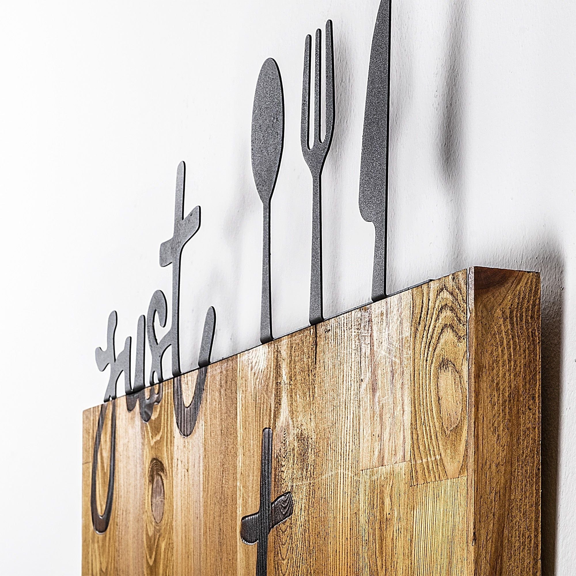 Decoratiune perete JUST EAT IT, lemn/metal, stejar/negru, 58x3x52 cm