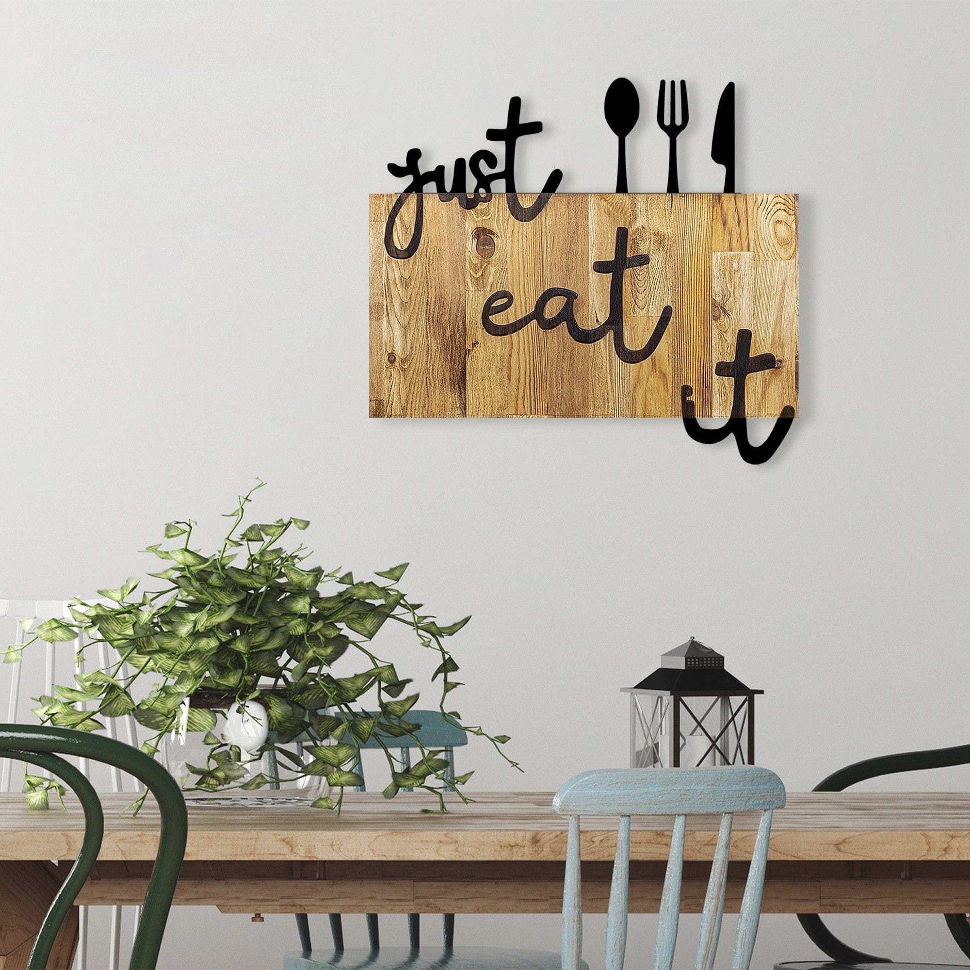 Decoratiune perete JUST EAT IT, lemn/metal, stejar/negru, 58x3x52 cm