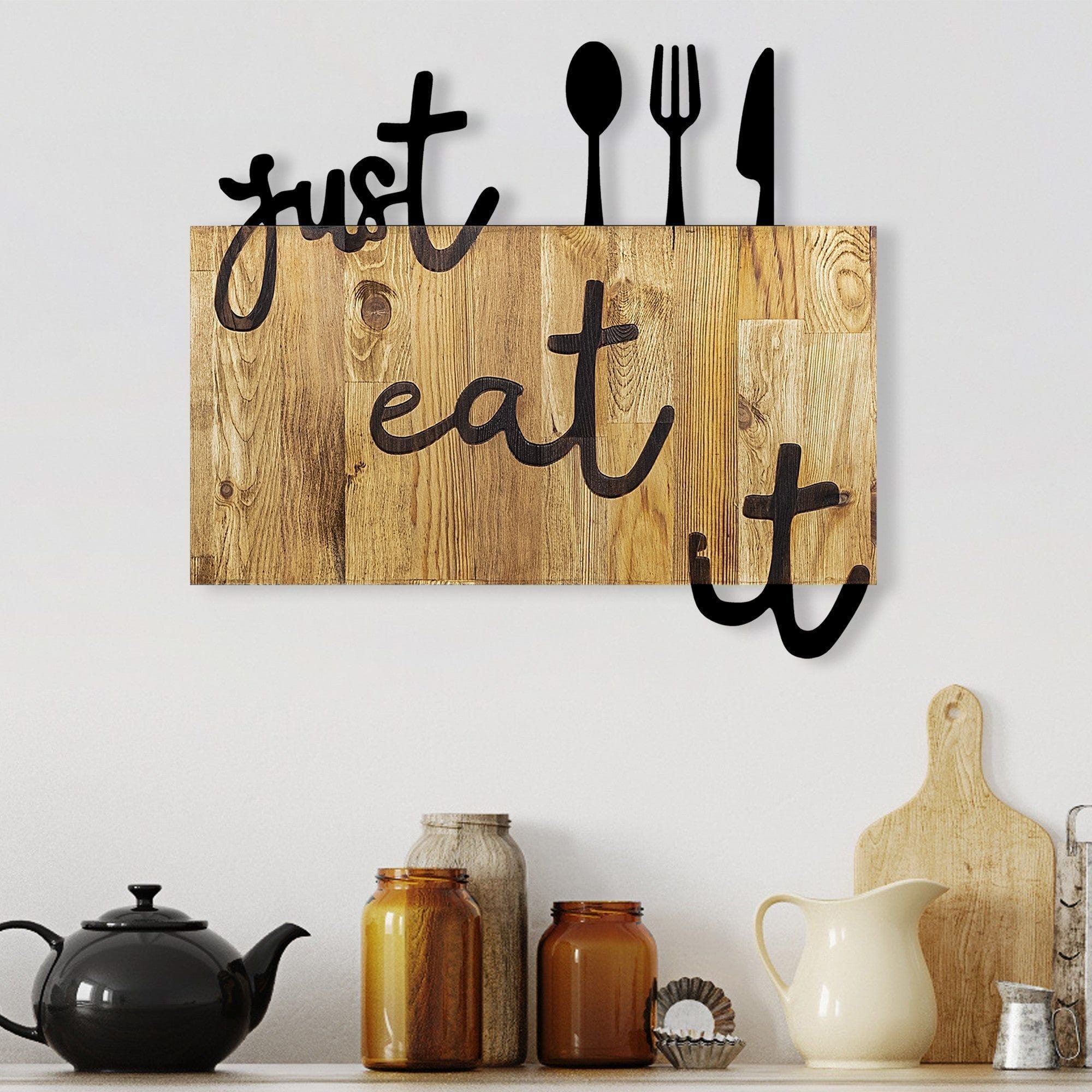 Decoratiune perete JUST EAT IT, lemn/metal, stejar/negru, 58x3x52 cm