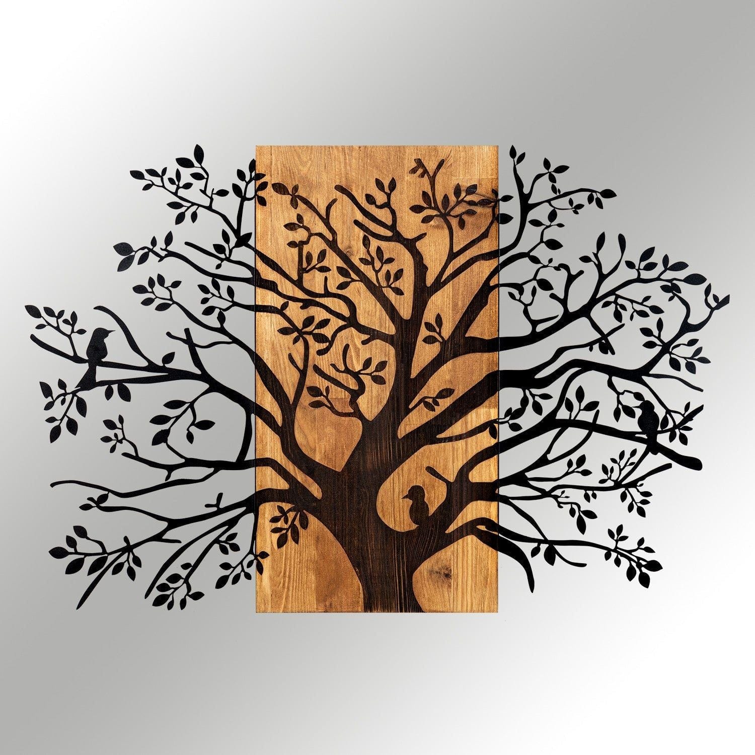 Decoratiune perete KAVAK, negru/stejar, metal/lemn, 85x58 cm