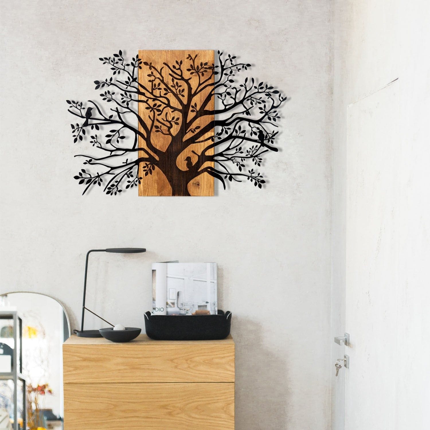 Decoratiune perete KAVAK, negru/stejar, metal/lemn, 85x58 cm