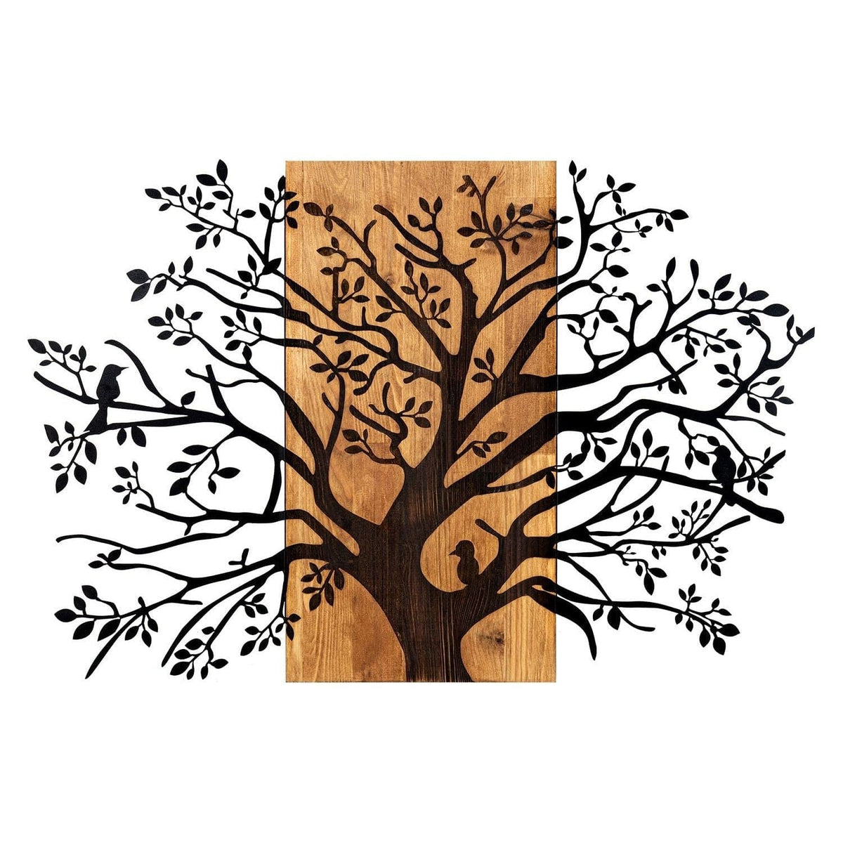 Decoratiune perete KAVAK, negru/stejar, metal/lemn, 85x58 cm