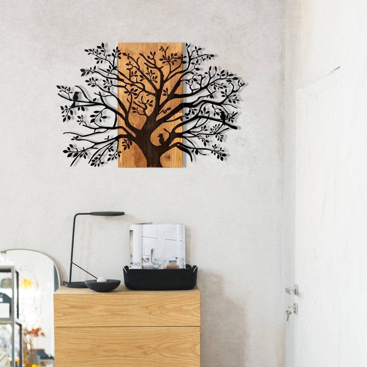 Decoratiune perete KAVAK, negru/stejar, metal/lemn, 85x58 cm
